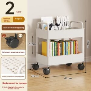 26cm White-2 Layers-wheels-4 HooksSmall Cart Storage Rack, Floor To Ceiling Kitchen, Multi-level Mobile Snacks, Bathroom, Bathroom, Bedroom, Bookshelf Storage Rack
