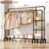 150 Black Double Pole - Double Row Side Frame-strong Push In CloakroomFloor Standing Clothes Hanger, Bedroom And Household Clothes Floor Standing Clothes Hanger, Extendable And Adjustable, Thick Coat