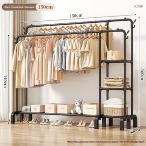 150 Black Double Pole - Double Row Side Frame-strong Push In CloakroomFloor Standing Clothes Hanger, Bedroom And Household Clothes Floor Standing Clothes Hanger, Extendable And Adjustable, Thick Coat