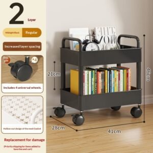 26cm Black-2 Layers-wheels-4 HooksSmall Cart Storage Rack, Floor To Ceiling Kitchen, Multi-level Mobile Snacks, Bathroom, Bathroom, Bedroom, Bookshelf Storage Rack
